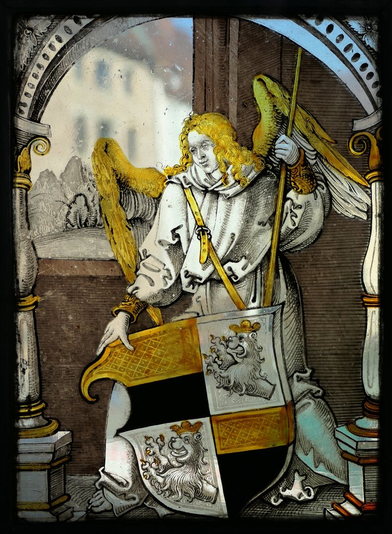 Fenster nII 1 des Sebalder Chörleins Engel mit viergeteiltem Wappen Pfinzing/Grundherr