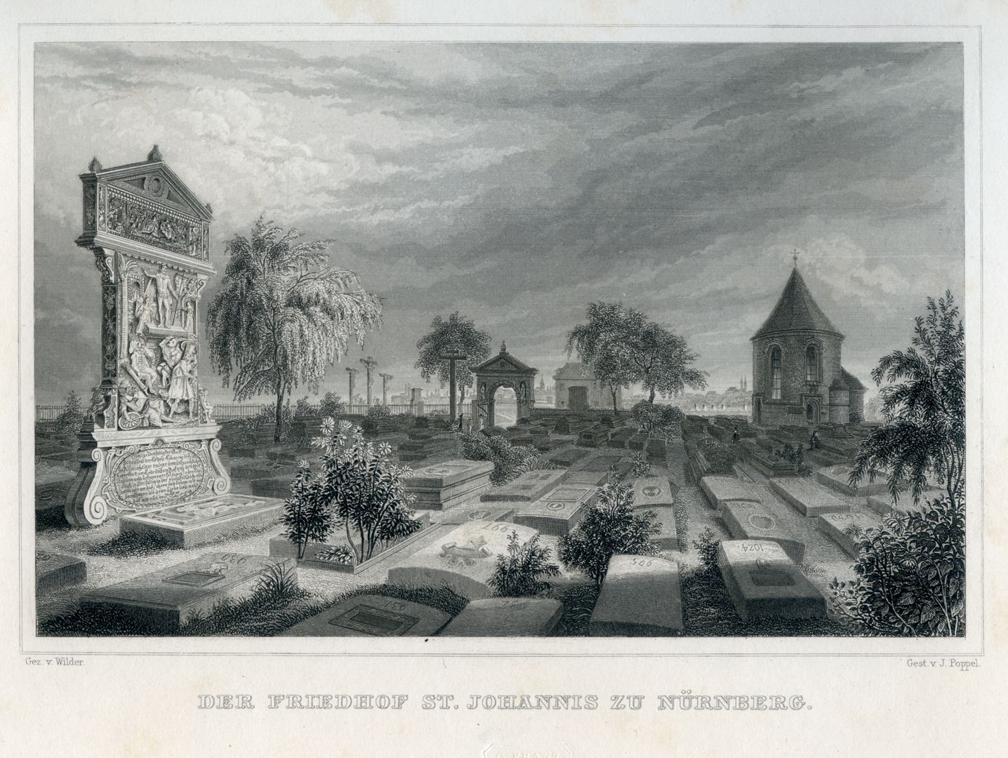 Die von Peter Hurrer gestiftete Kreuzigungsgruppe bei St. Johannis Der Friedhof St. Johannis zu Nürnberg, Stahlstich von Johann Gabriel Poppel nach Georg Christoph Wilder, 1840er Jahre. Rechts von der Münzer-Stele das von Peter Hurrer gestiftete Kreuz ohne den Gekreuzigten.