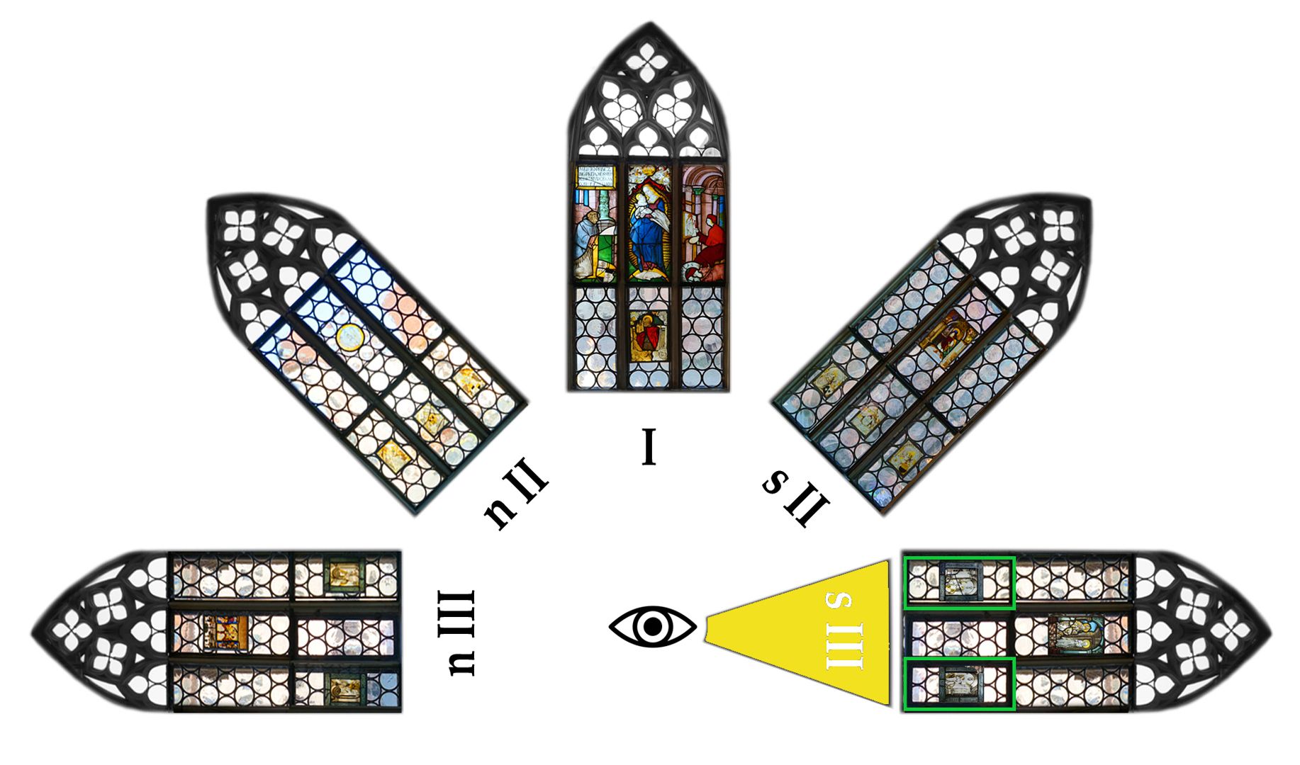Fenster nIII 1 und sIII 1 des Sebalder Chörleins Lageplan von Fenster s III