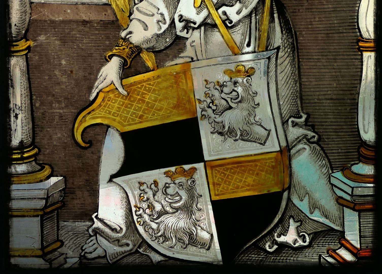 Fenster nII 1 des Sebalder Chörleins Drittes Fenster der Reihe, Detailansicht mit Wappen Pfinzing/Grundherr