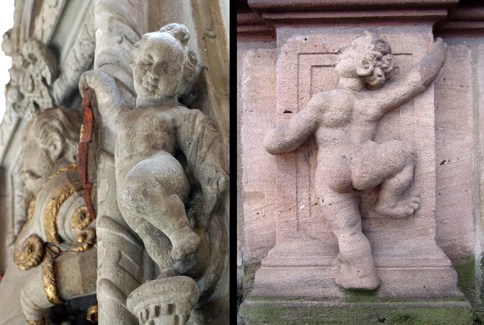 Der plastische Schmuck des Pellerhauses Bildvergleich: links Putto aus dem Epitaph des Friedrich Dobschütz in der Johanniskirche von 1601 / rechts Putto im Hof des Pellerhauses ("spiegelverkehrt")