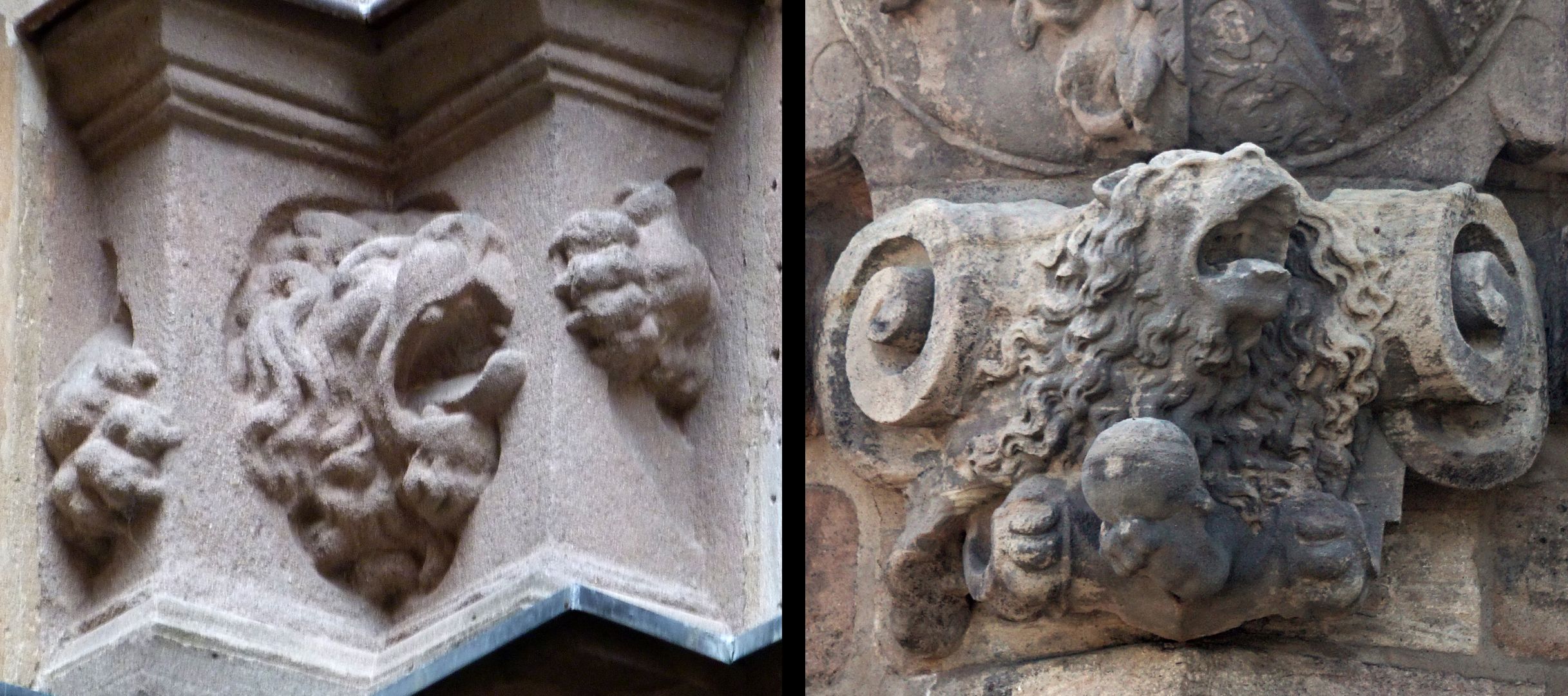 Der plastische Schmuck des Pellerhauses Bildvergleich links:Nürnberg Hof des Pellerhauses / rechts: Löwe am westlichen Wappen der Vestnertorbastei