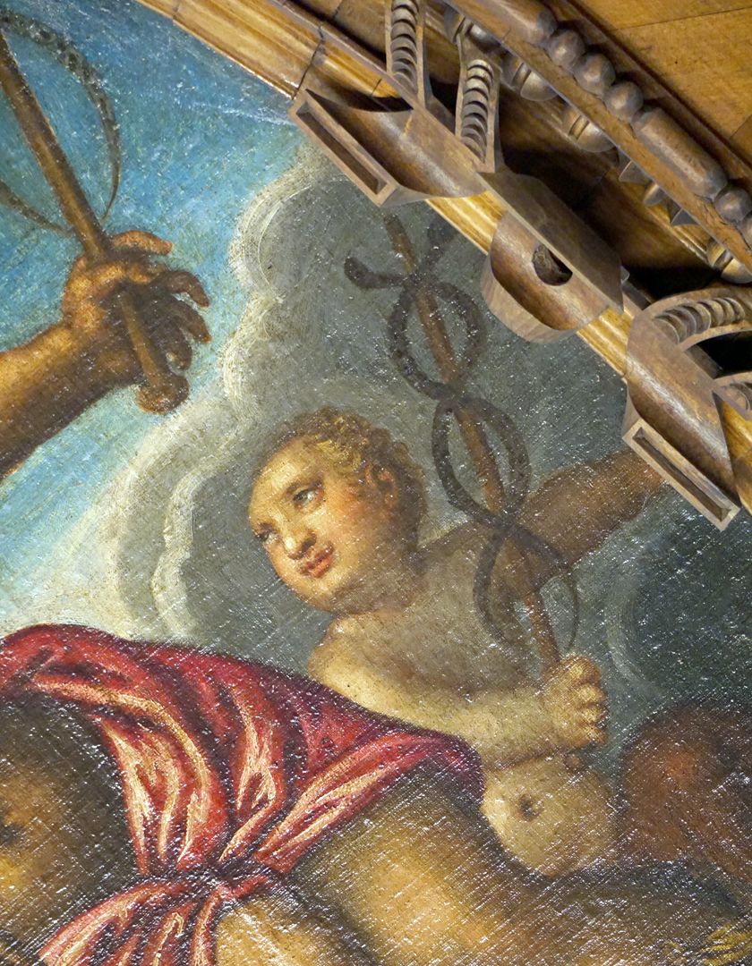 Decke des Schönen Zimmers Merkur, Detailansicht, Putto mit einem Caduceus-Stab