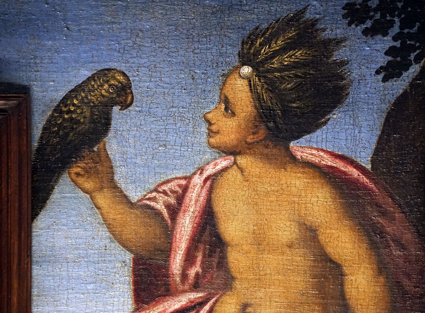 Decke des Schönen Zimmers Amerika (Knabe mit Federkopfschmuck und einem Papagei in der Hand), Detailansicht