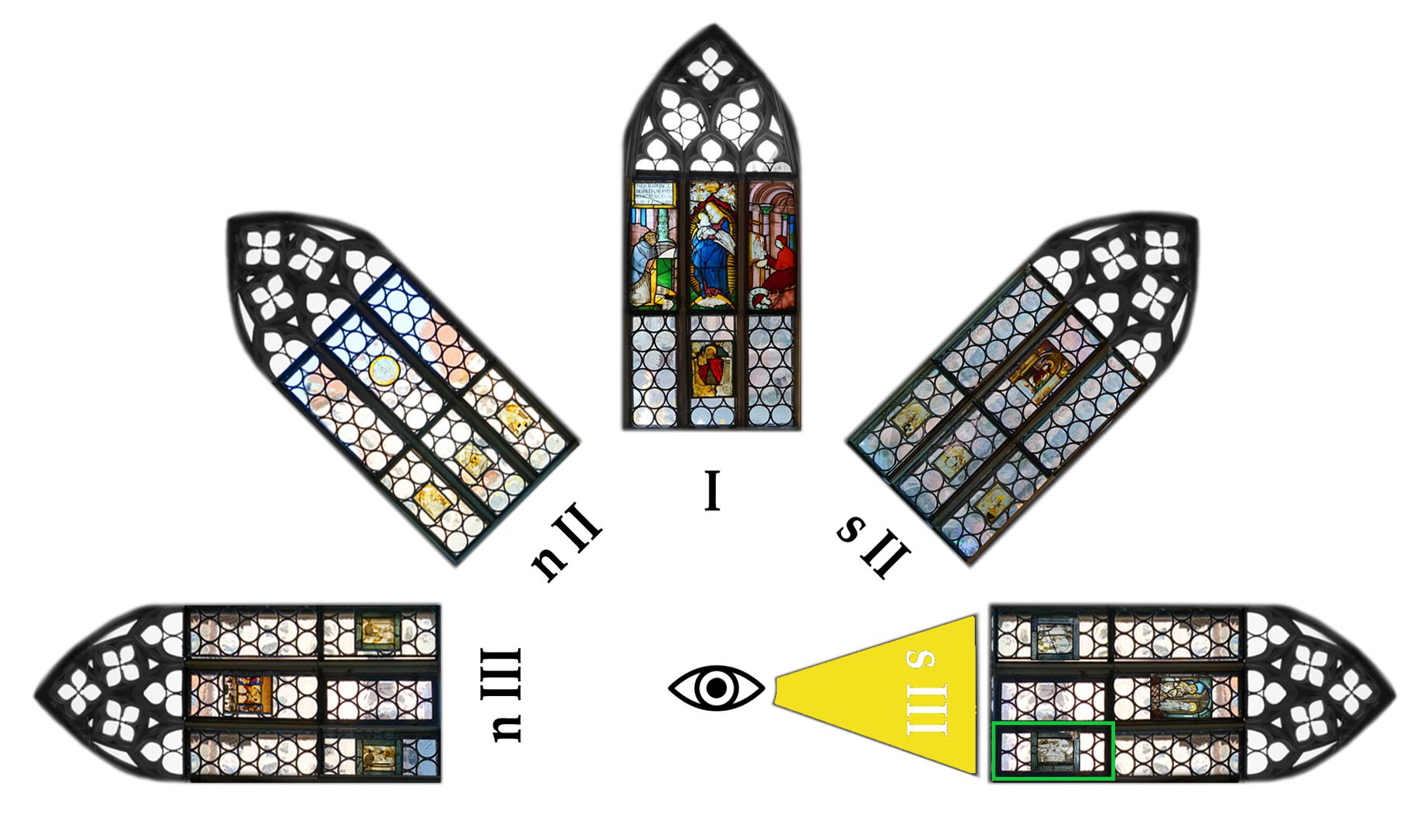 Fenster nIII 1 und sIII 1 des Sebalder Chörleins Lageplan, viertes Fenster der Reihe