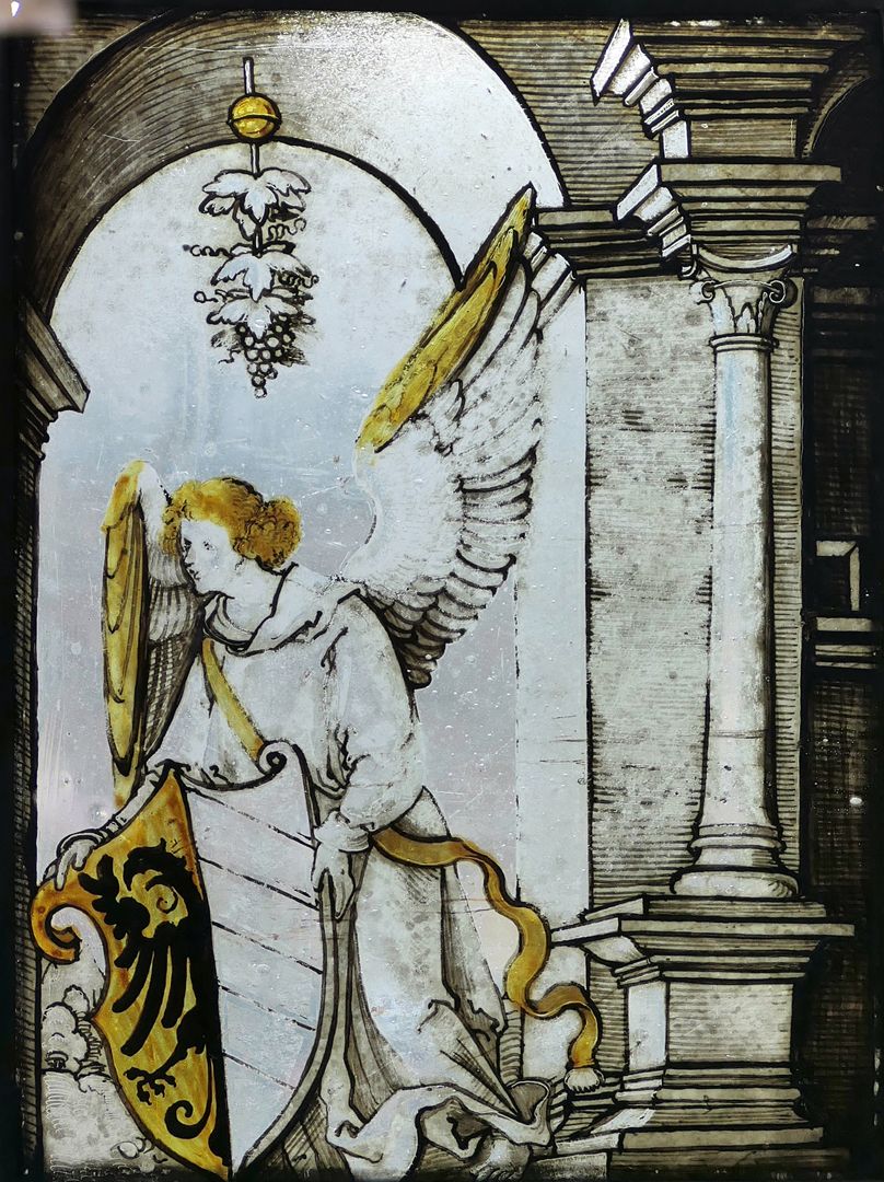 Fenster nIII 1 und sIII 1 des Sebalder Chörleins Viertes Fenster der Reihe, Engel mit Nürnberger Wappen, ohne Rahmung