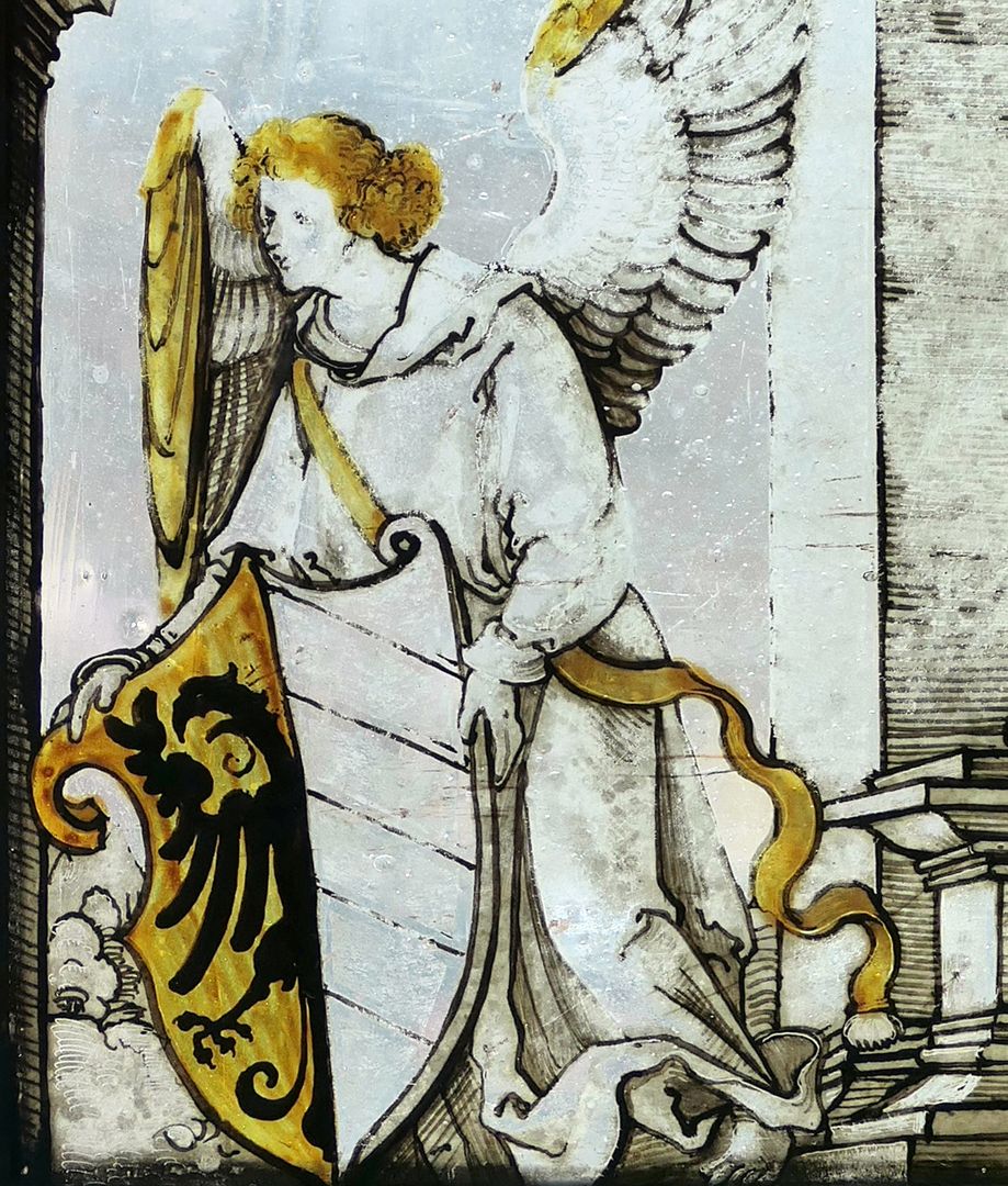 Fenster nIII 1 und sIII 1 des Sebalder Chörleins Viertes Fenster der Reihe, Engel mit Nürnberger Wappen, Detailansicht