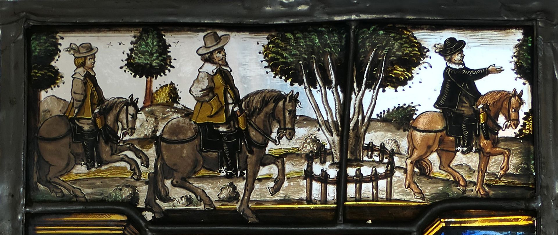Fenster nIII 2b des Sebalder Chörleins obere Glasscheibe mit Reitern