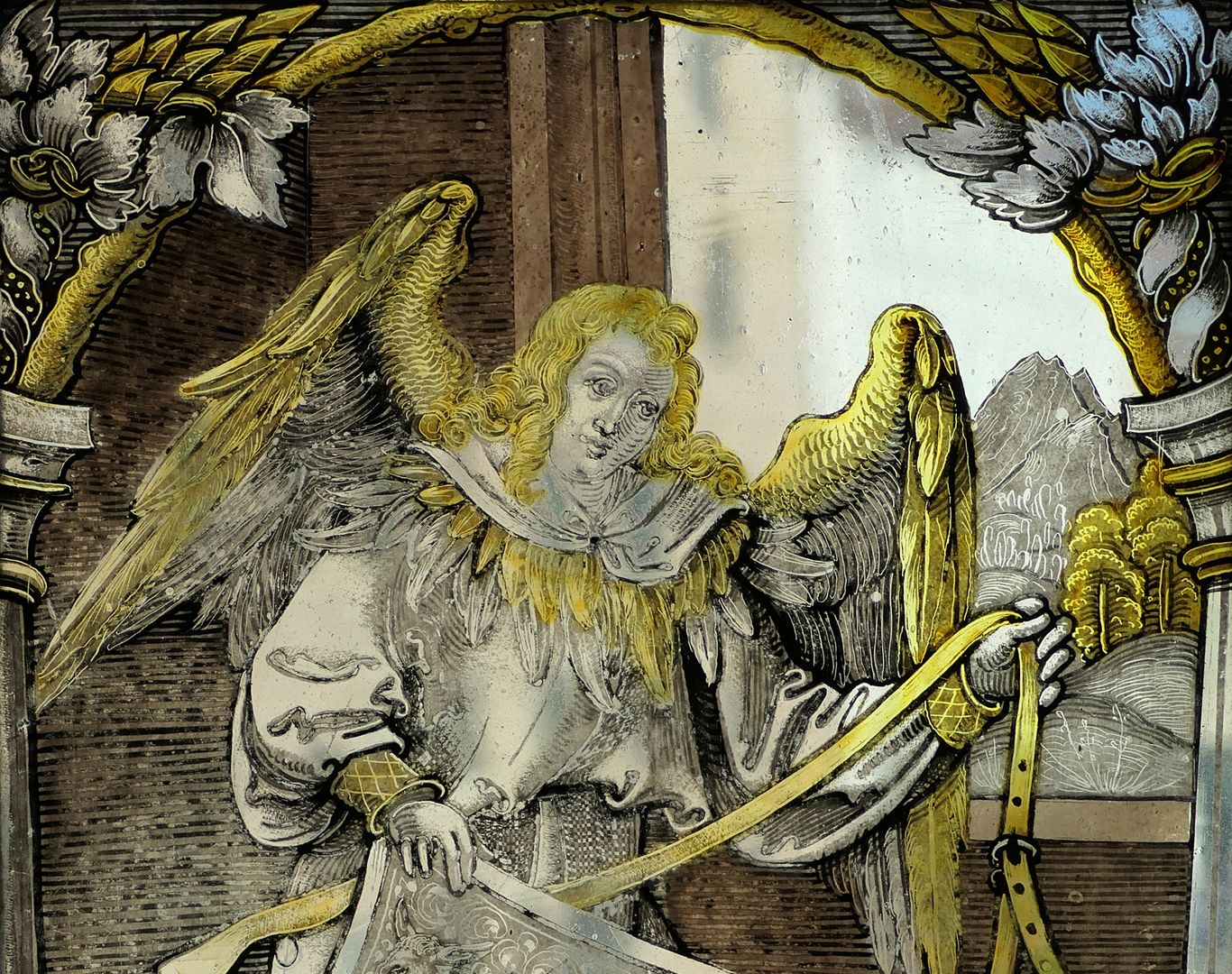 Fenster nII 1 des Sebalder Chörleins Engel mit Wappenschild, Wappenallianz Eseler/Propstei St. Sebald, Detailansicht mit Engel