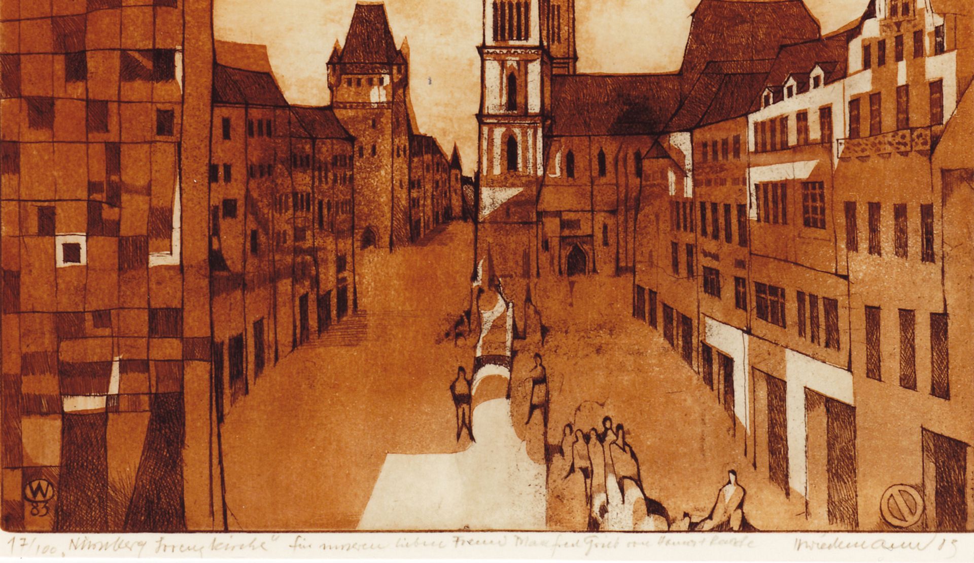 Nürnberg Lorenzkirche untere Bildhälfte mit Widmung des Künstlers: "für meinen lieben Freund Manfred Grieb..."