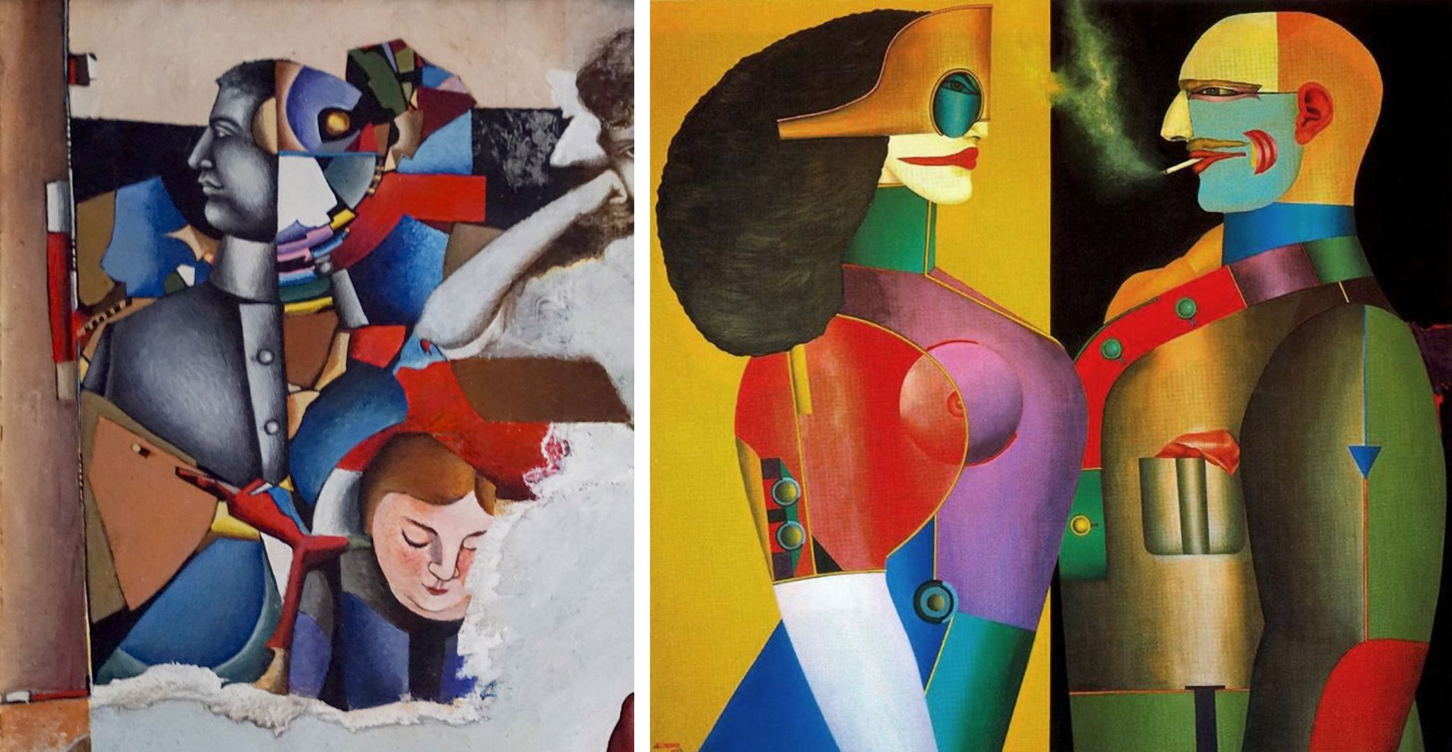 Hermann Kesten im Café Die linke Gestalt, welche in der Art von Richard Lindner gemalt ist, könnte den Vater (?) von Hermann Kesten darstellen, welcher im Ersten Weltkrieg starb / rechts als Bildvergleich ein Gemälde von Lindner: "Thank You" von 1971