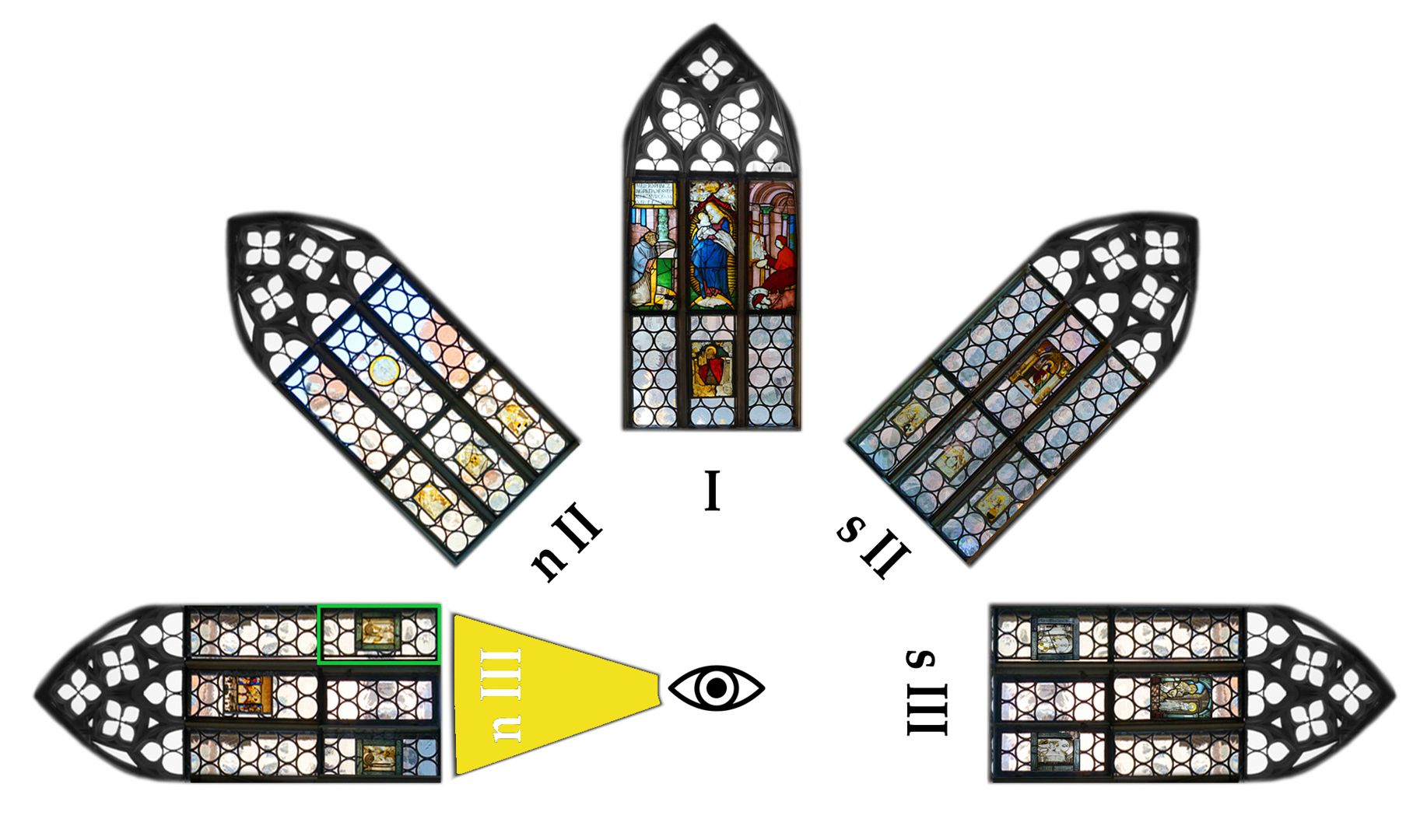 Fenster nIII 1 und sIII 1 des Sebalder Chörleins Lageplan mit makiertem zweiten Fenster der Reihe