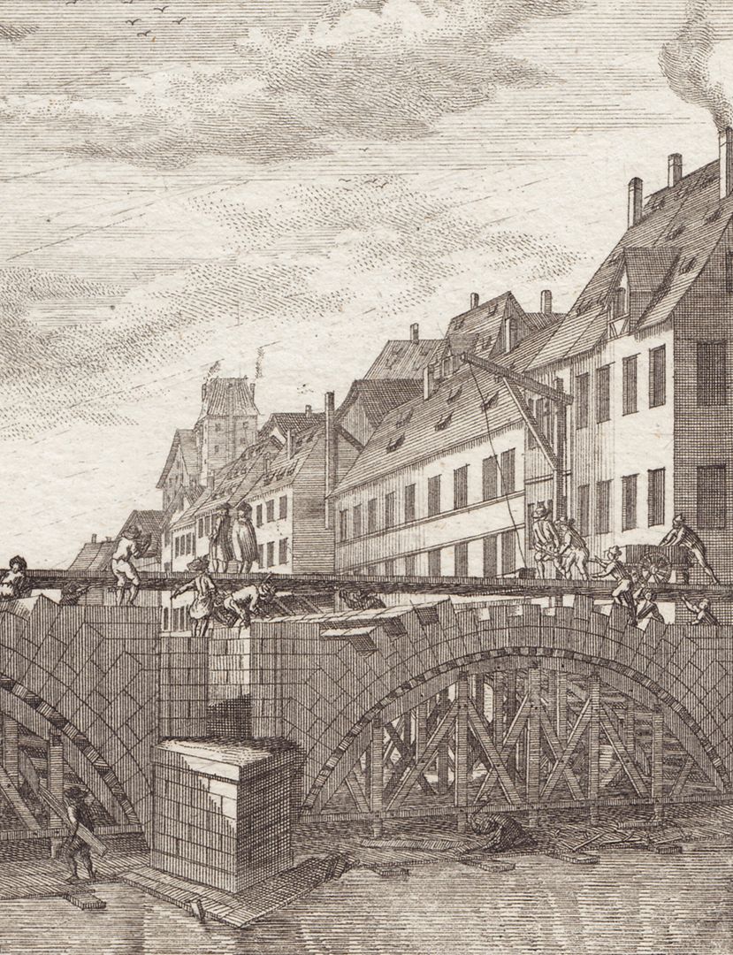 Karlsbrücke Ansicht der Baustelle im Jahre 1728 von Westen, Detail mit südlichem Brückenbogen