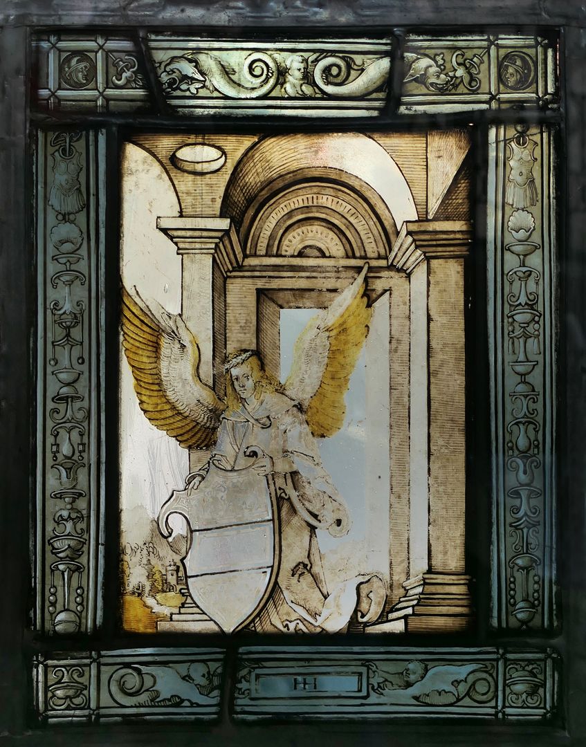 Fenster nIII 1 und sIII 1 des Sebalder Chörleins Zweites Fenster der Reihe, Engel mit österreichischem Bindenschild