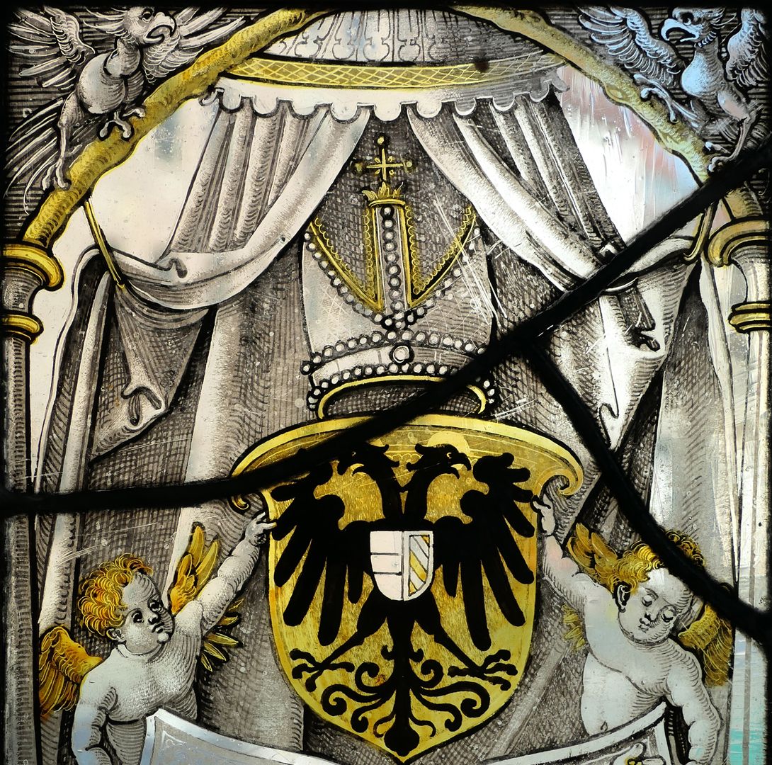 Fenster nII 1 des Sebalder Chörleins zweites Fenster der Reihe, Detailansicht mit doppelköpfigen Reichsadler
