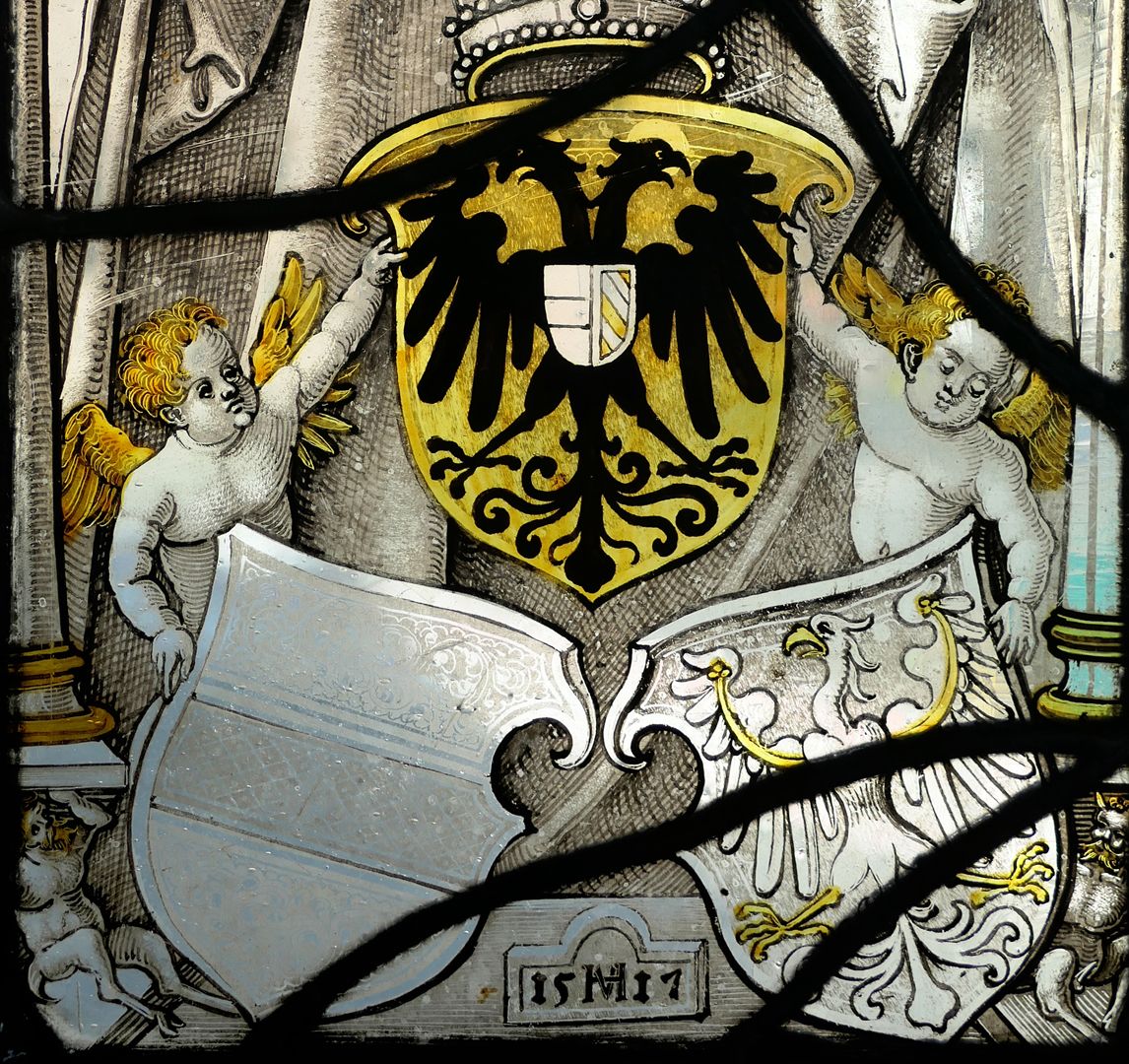 Fenster nII 1 des Sebalder Chörleins zweites Fenster der Reihe, Detailansicht mit Wappendreiverband, unten Künstlersignatur VH 1517