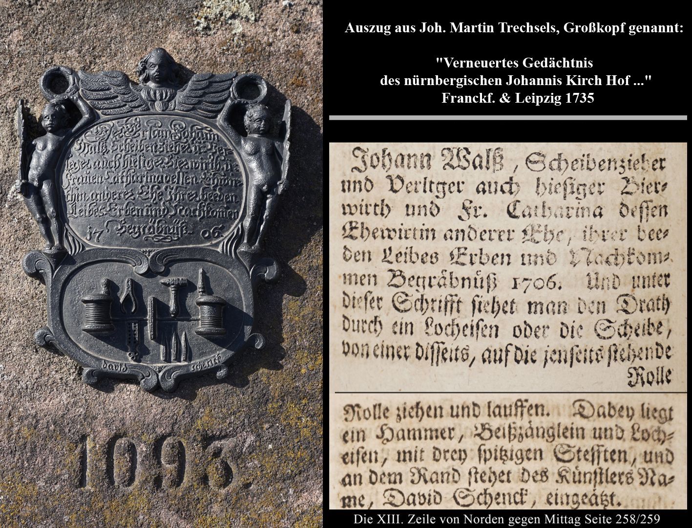 Epitaph Johann und Catharina Walz Auszug aus Joh. Martin Trechsels, Großkopf genannt: "Verneuertes Gedächtnis des nürnbergischen Johannis Kirch Hof ..." , Franckf. & Leipzig 1735
