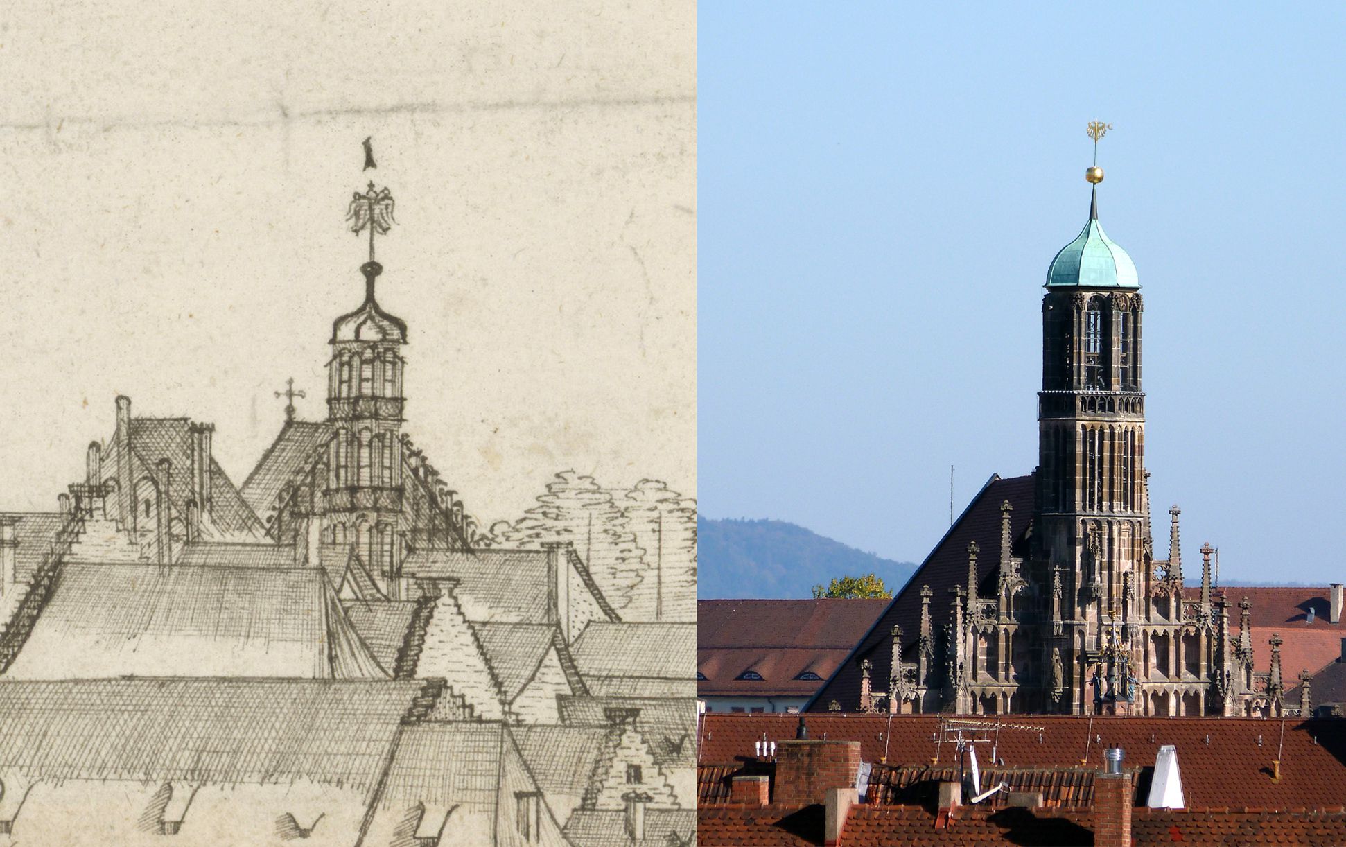 Panoramadarstellung der Stadt Nürnberg von Westen Gegenüberstellung Detail Frauenkirche und heutiger Zustand