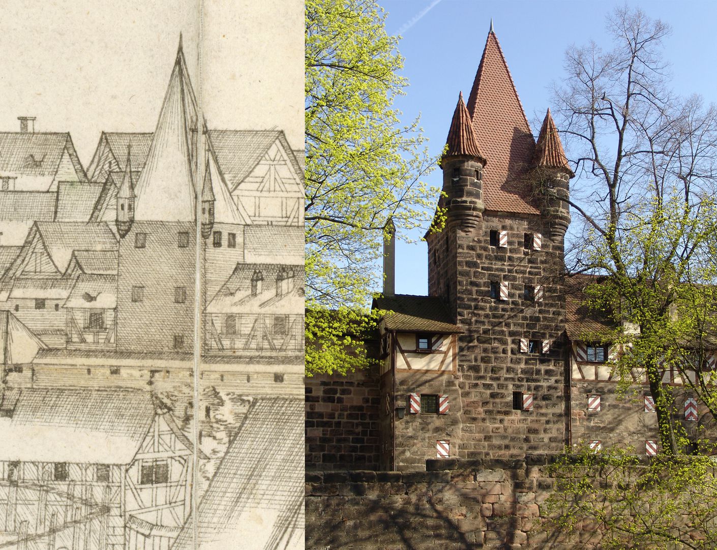 Panoramadarstellung der Stadt Nürnberg von Westen Gegenüberstellung Detail Turm Rotes Z und heutiger Zustand (links und rechts des Turms Prisaun und Irrenhaus)