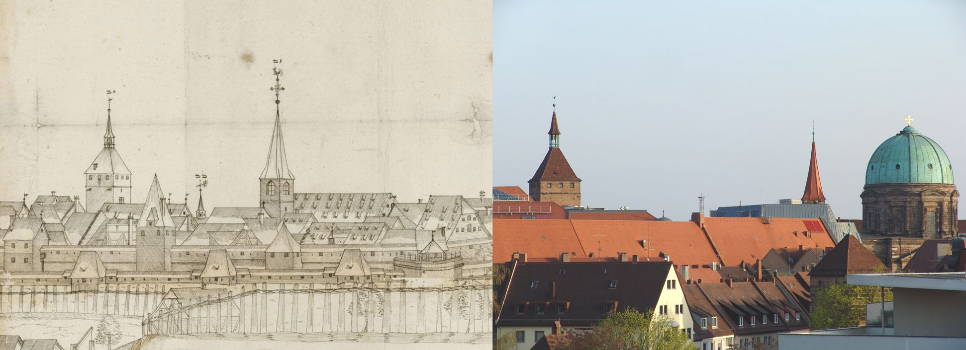 Panoramadarstellung der Stadt Nürnberg von Westen Gegenüberstellung Detail rechtes Zeichnungsdrittel, Weißer Turm und Sankt Jakob (anstelle der kleinen alten Elisabethkapelle die frühklassizistische Elisabethkirche)