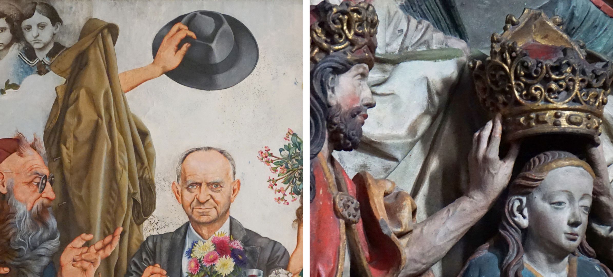 Hermann Kesten im Café Der Hut über Kesten, der den Dichter behütet - oder krönt ? / Hier als Vergleich die Marienkrönung von Kraft aus dem Epitaph des Hans Rebeck in der Frauenkirche