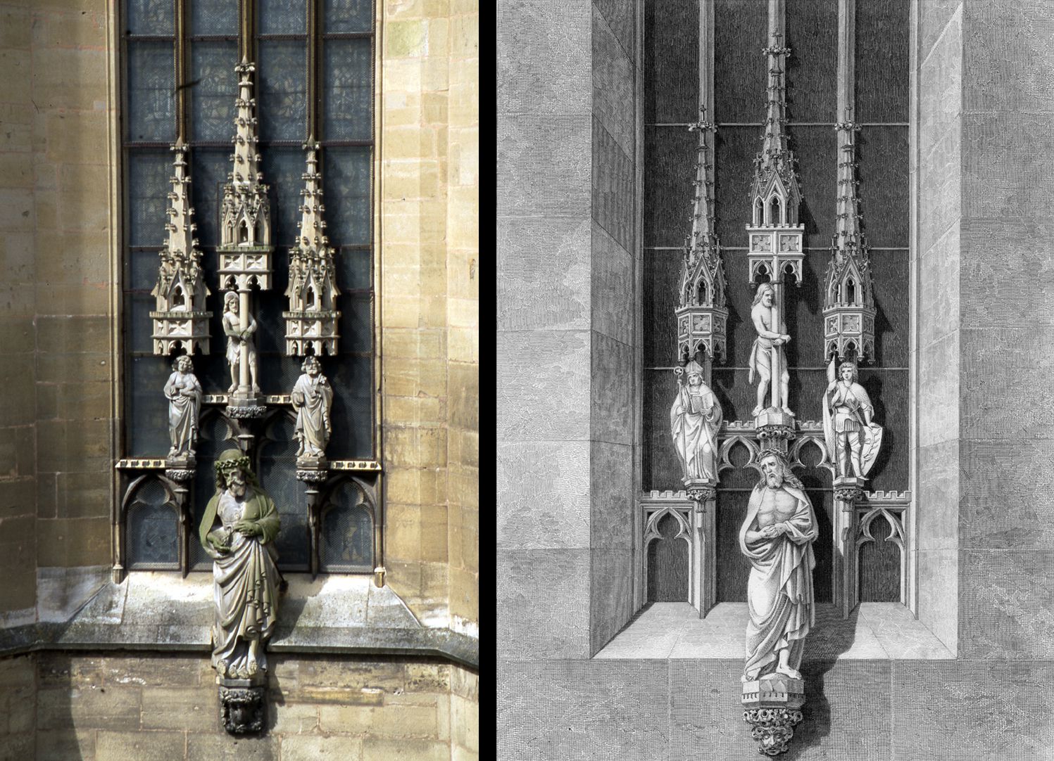 Erbärmdechristus mit Dreiergruppe (Rothenburg o.d. Tauber) l.: Foto, r.: Stich von Heideloff´s Ornamentik des Mittelalters. Die krönenden Fialen sind einem geschulten Auge der Gotik fremd, ebenso der Stil der Figuren. Vor allem möchte Heideloff hier als "Mittelalter" seine eigene neogotische Gestalt präsentieren.