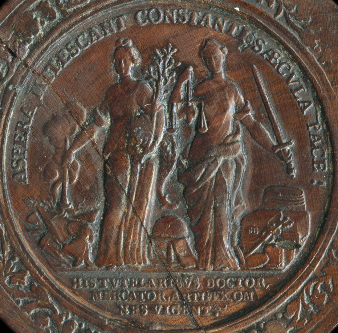 Spielstein mit Nürnberg Stadtansicht von Osten und Friedensallegorie Spielsteinseite mit Allegorie Pax und Justitia, Detail