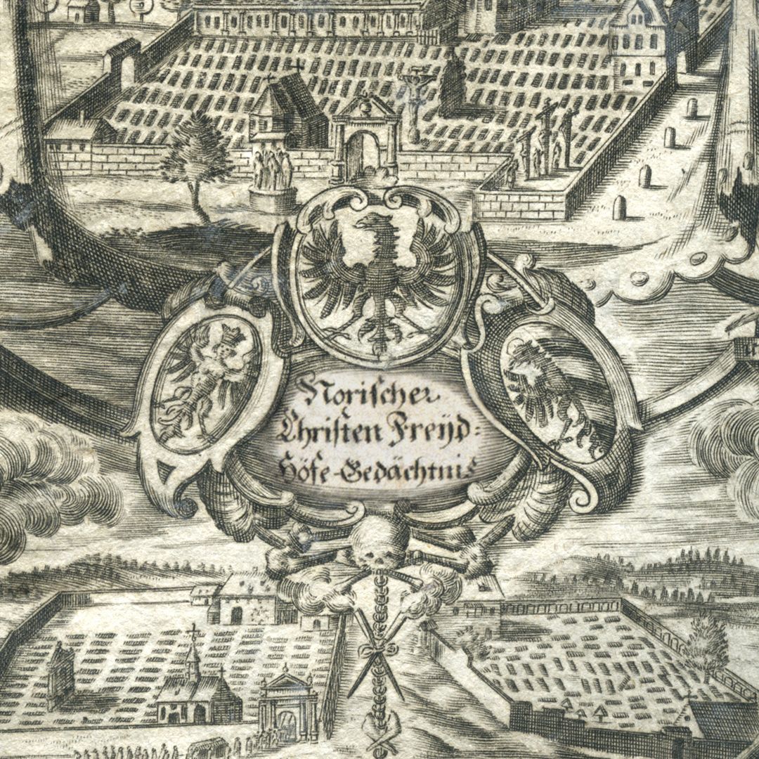 Norischer Christen Freydhöfe Gedächtnis Nürnberger Wappendreipass mit dem Titel des Kupferstiches