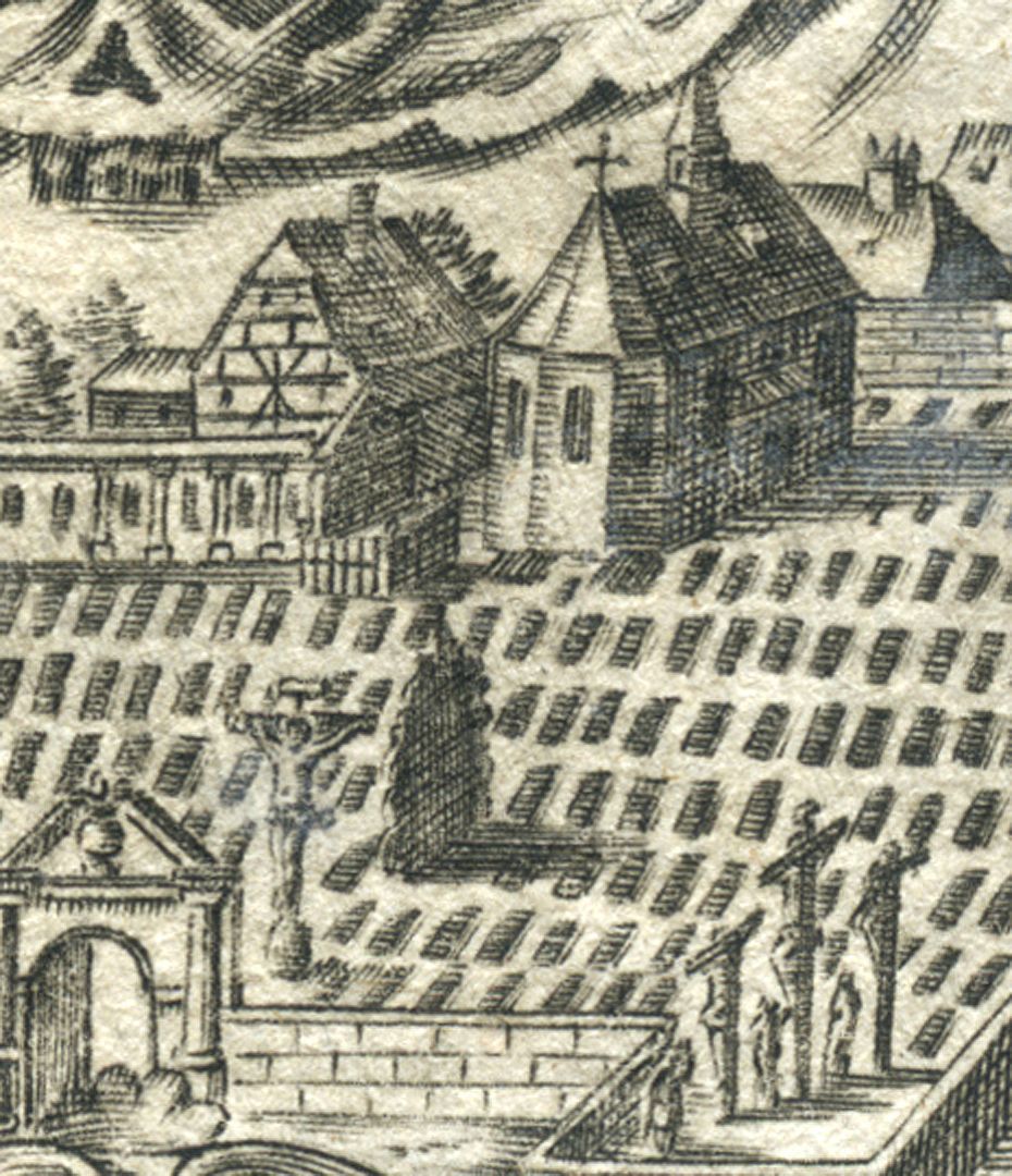 Norischer Christen Freydhöfe Gedächtnis Detailansicht mit Johannisfriedhof, oben Pfarhaus noch in seiner Fachwerkkonstruktion und Johanniskirche, unten links das steinerne Kreuz von 1490