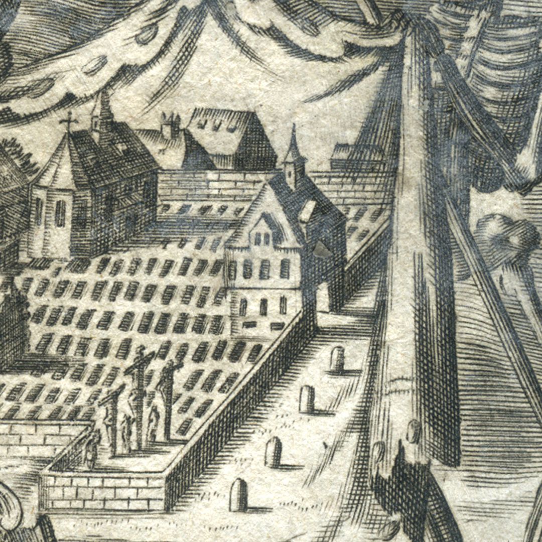 Norischer Christen Freydhöfe Gedächtnis Detailansicht mit Johannisfriedhof, mittig das Steinschreiberhaus, das 1682 erbaut wurde