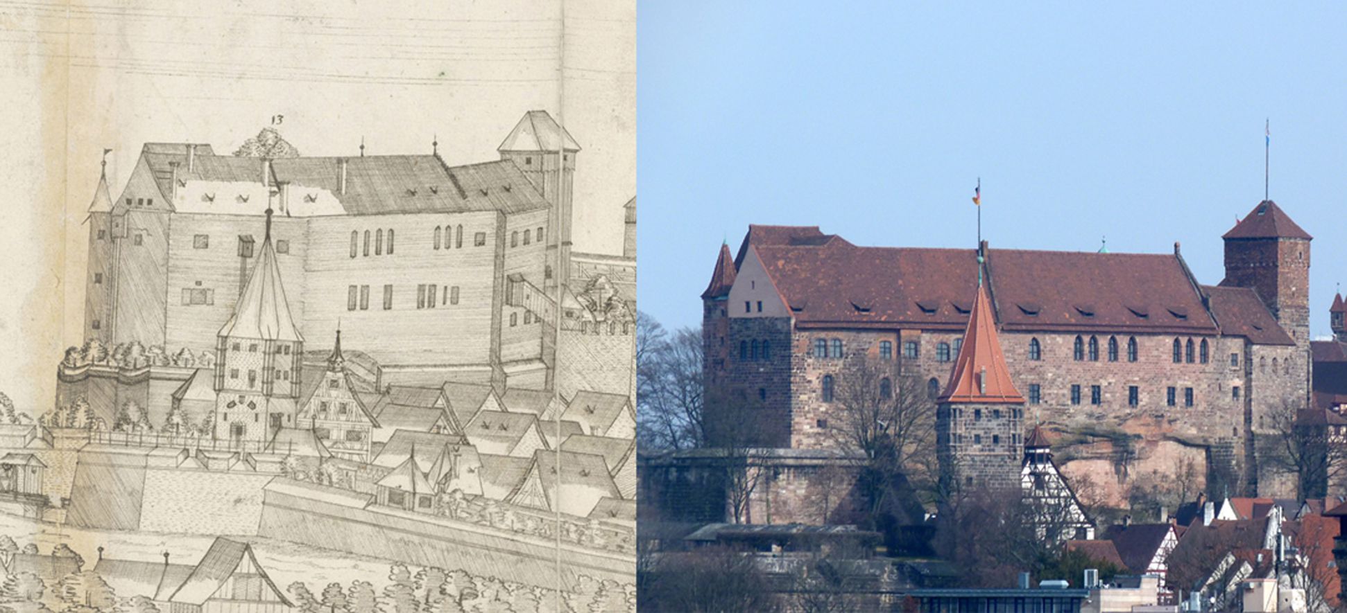 Panoramadarstellung der Stadt Nürnberg von Westen Gegenüberstellung Zeichnungsdetail Neutorgraben, Tiergärtnertorturm, Burgpalas, -kapelle mit Heidenturm und dem heutigem Zustand