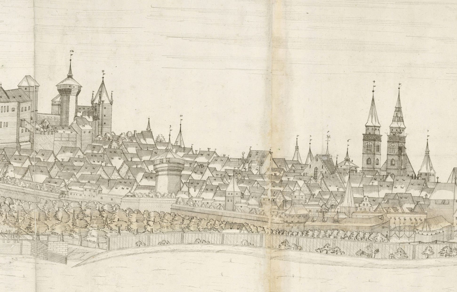 Panoramadarstellung der Stadt Nürnberg von Westen Detail vom mittleren Drittel der Zeichnung mit Heidenturm, Sinwellturm, Luginsland, Neutor (unten) und Sankt Sebald