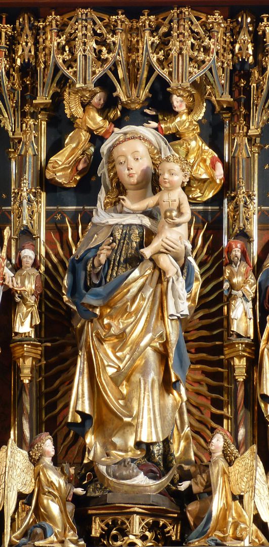 Zwickauer Hochaltarretabel Schrein, Maria mit dem Jesuskind und vier Engeln, die oberen Kronenhalter, die unteren Präsentationsengel