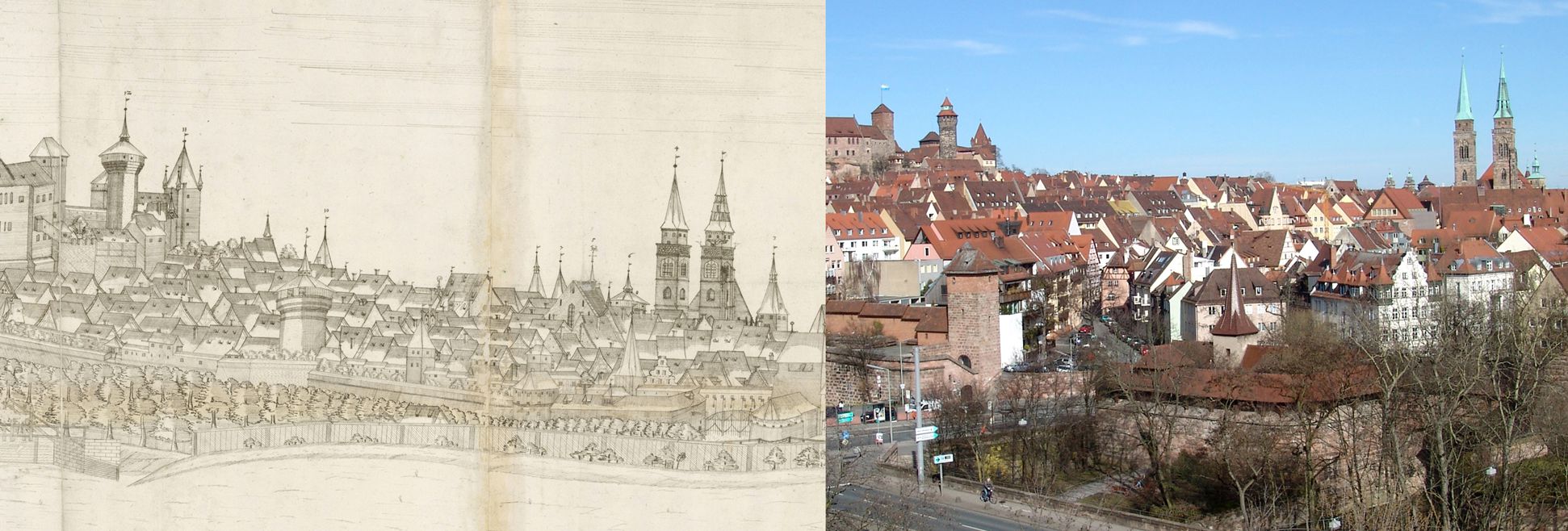 Panoramadarstellung der Stadt Nürnberg von Westen Gegenüberstellung Detail vom mittleren Drittel der Zeichnung mit Heidenturm, Sinwellturm, Luginsland, Neutor (unten) und Sankt Sebald und dem heutigen Zustand