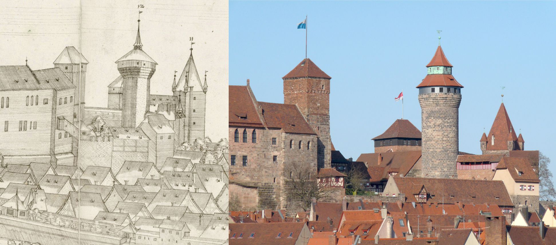 Panoramadarstellung der Stadt Nürnberg von Westen Gegenüberstellung Detail Burg und heutiger Zustand