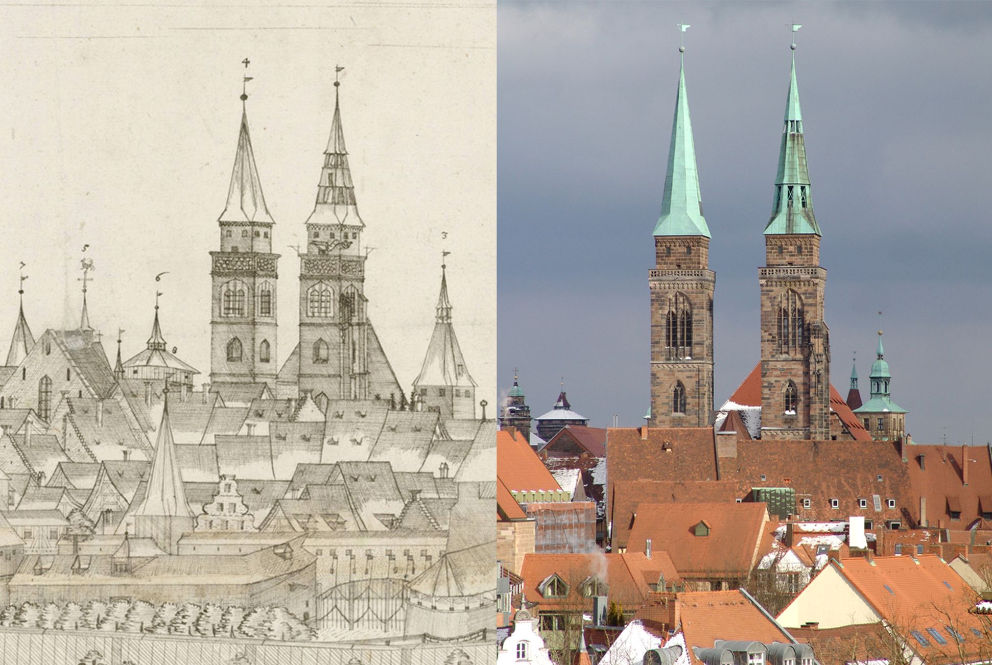 Panoramadarstellung der Stadt Nürnberg von Westen Gegenüberstellung Detail Sankt Sebald und heutiger Zustand (man beachte auf dem Foto rechts von Sebald den mittleren Helm des Wolffschen Rathauses)