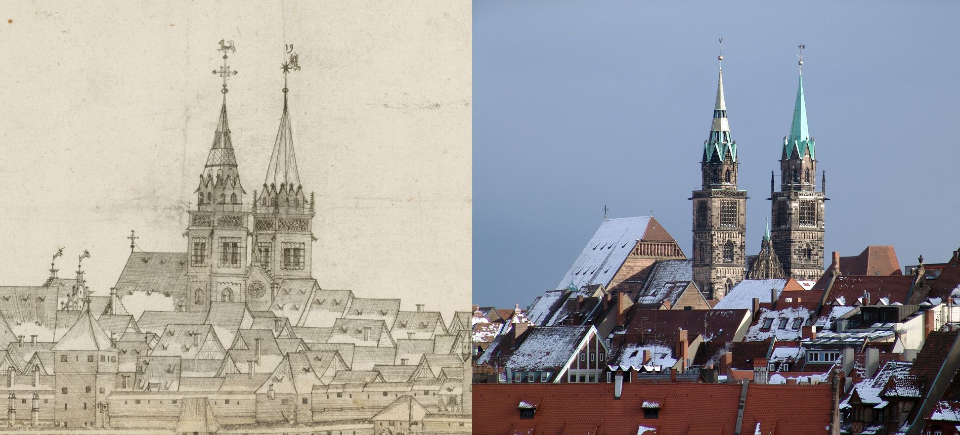 Panoramadarstellung der Stadt Nürnberg von Westen Gegenüberstellung Detail Sankt Lorenz und heutiger Zustand