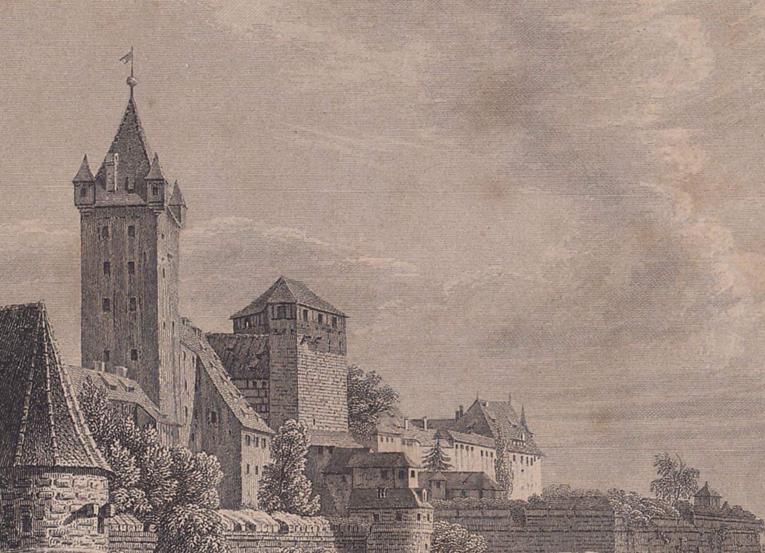 Ansicht des fünfeckigen Thurmes und der Burg Detailansciht der Burganlage