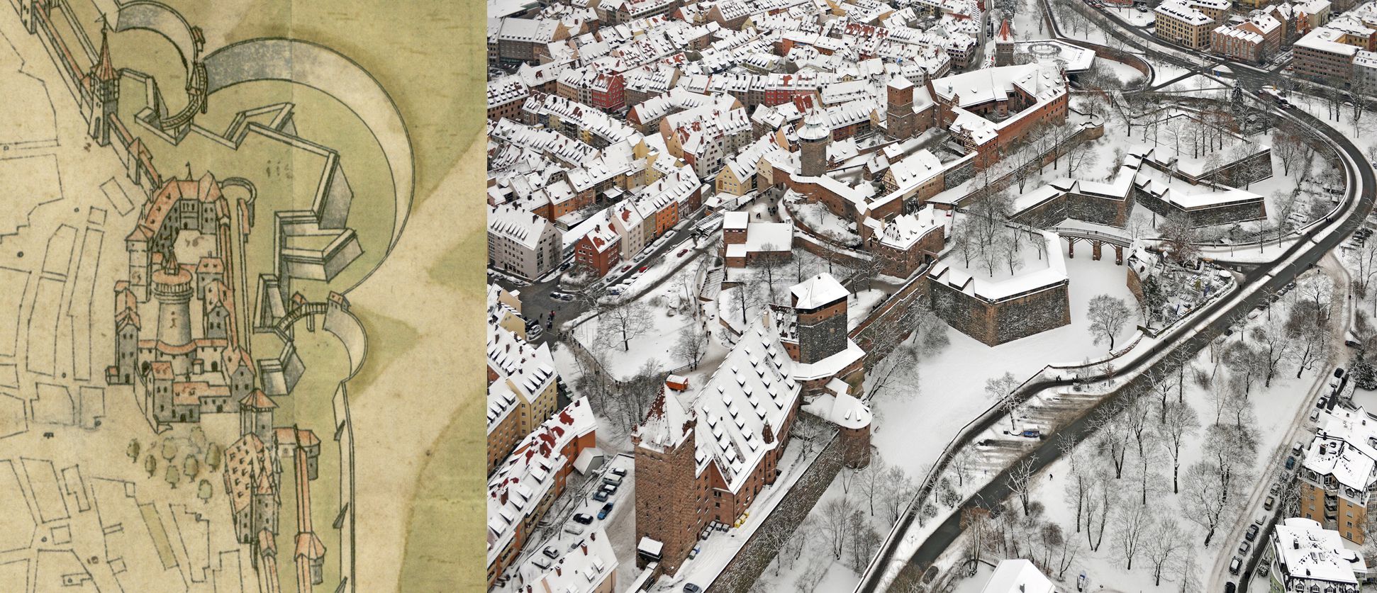 Steilaufsicht von Osten Burgbereich samt Basteien, Gegenüberstellung Bien (streng geostete Ansicht) und Luftfoto (Nordostansicht)