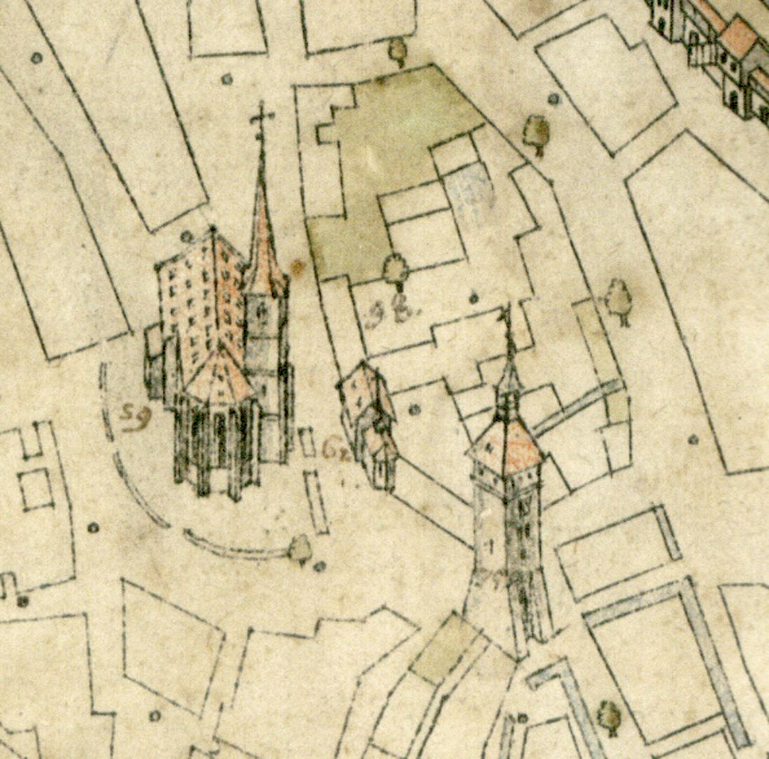 Steilaufsicht von Osten Bereich Weißer Turm / Deutschordenskommende: von rechts nach links Weißer Turm, Elisabethkapelle und Jakobskirche