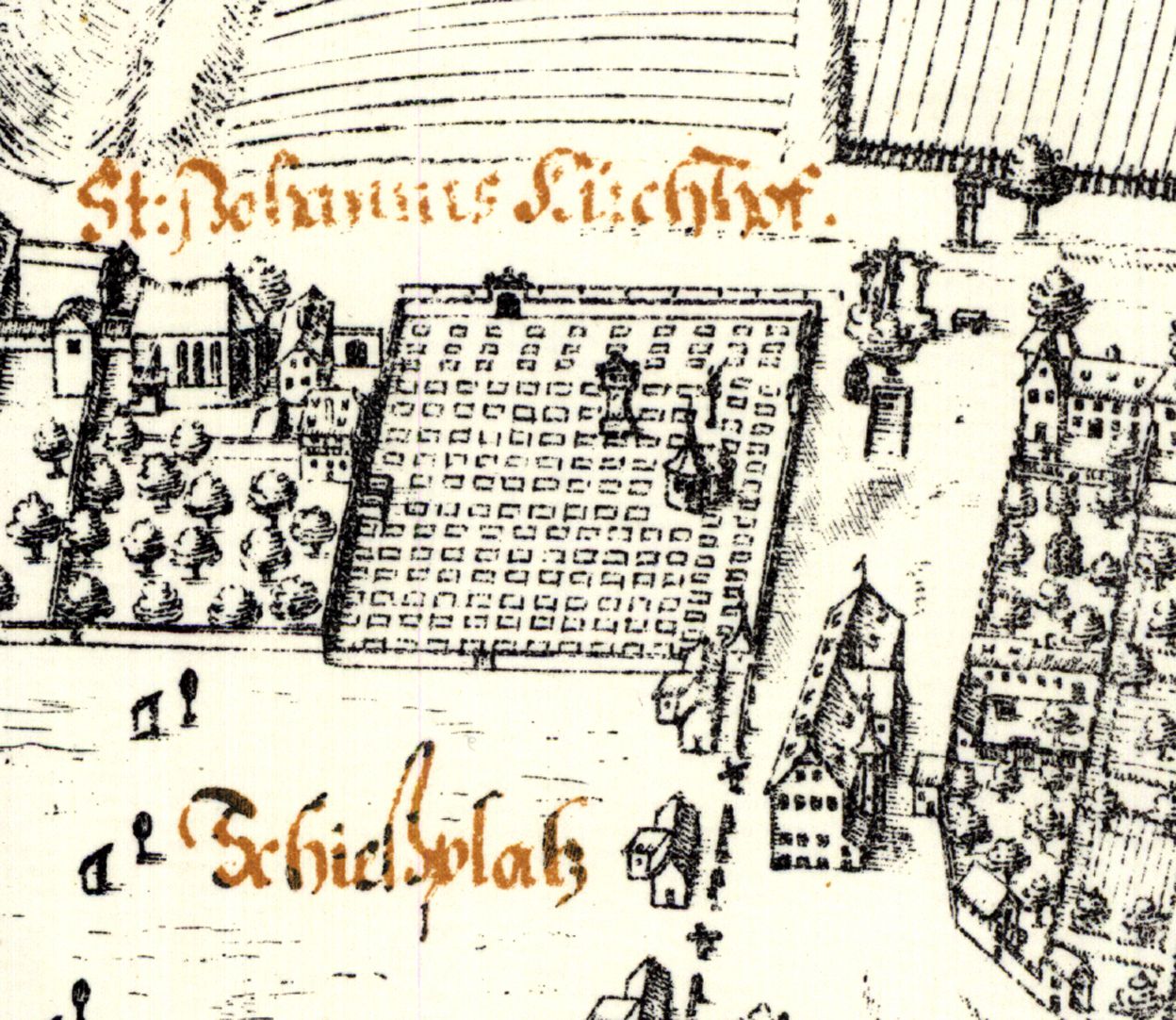 Kress´sche Karte von Nürnberg mit Landwehr Johannisfriedhof von Süden: Quadrat mit Holzschuherkapelle und Münzerscher Stele, durch eine Mauer abgetrennt die Johanniskirche. Rechts Gartenhäuser, dazwischen das ehemalige Schießhaus der Büchsenschützen