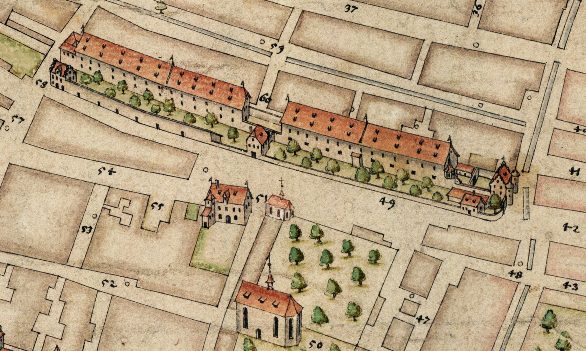 Nürnberg in Aufsicht von Süden Zeughaus am heutigen Kornmarkt, damals "beim Mendelschen Zwölfbrüderhaus". Dieses befand südlich gegenüber bei der Nr. 51