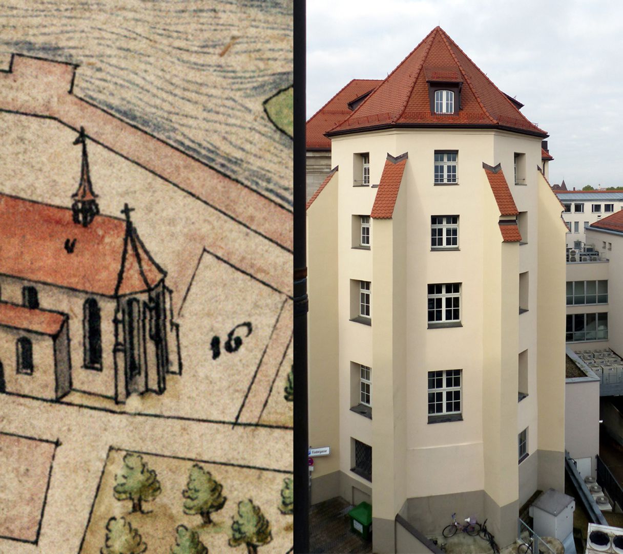 Nürnberg in Aufsicht von Süden Gegenüberstellung mit Chor der Barfüßerkirche nach Bien und heutigem Zustand (die Lanzettfenster der längst profanierten Kirche entsprechen vier Stockwerken der Hypovereinsbank).