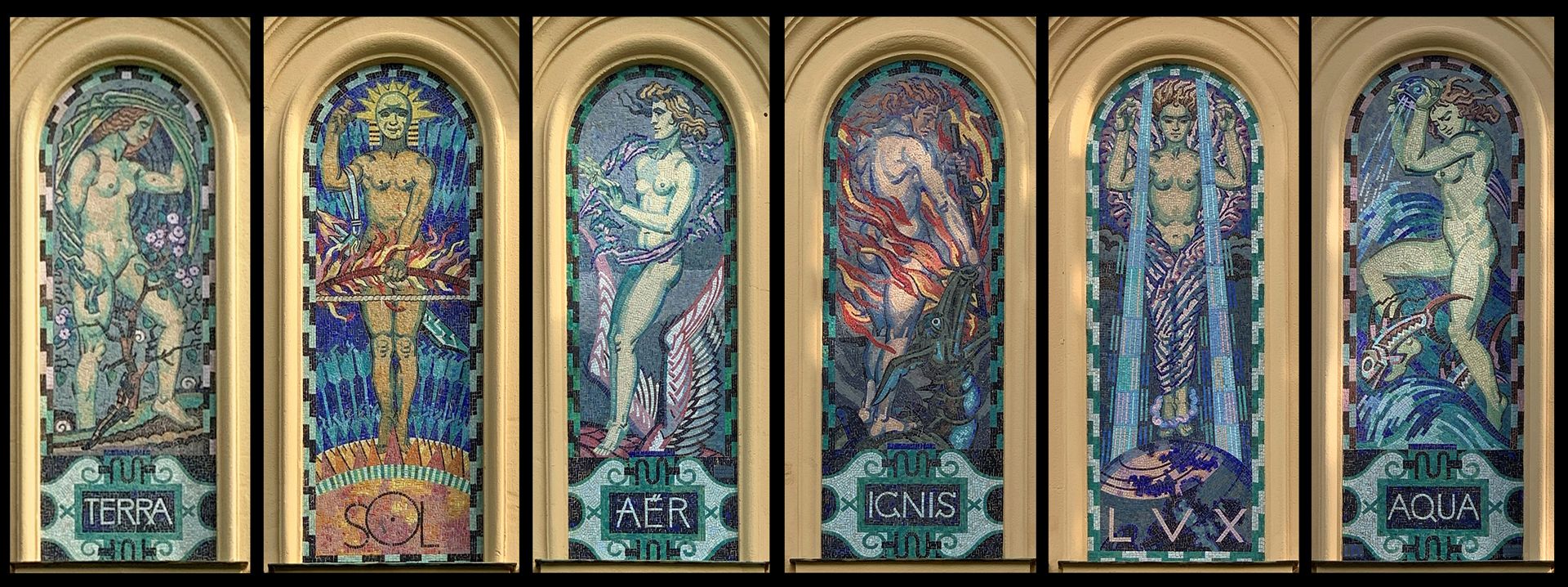 Mosaike am Kurmittelhaus Bildprogramm der "Elemente" an der Fassade zum Kurgarten