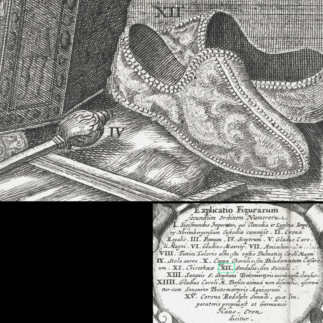 Abbildung des kaiserlichen Ornats, und anderer Kleinodien, welche zu Nünberg verwahret werden. XII / Die Pantoffeln