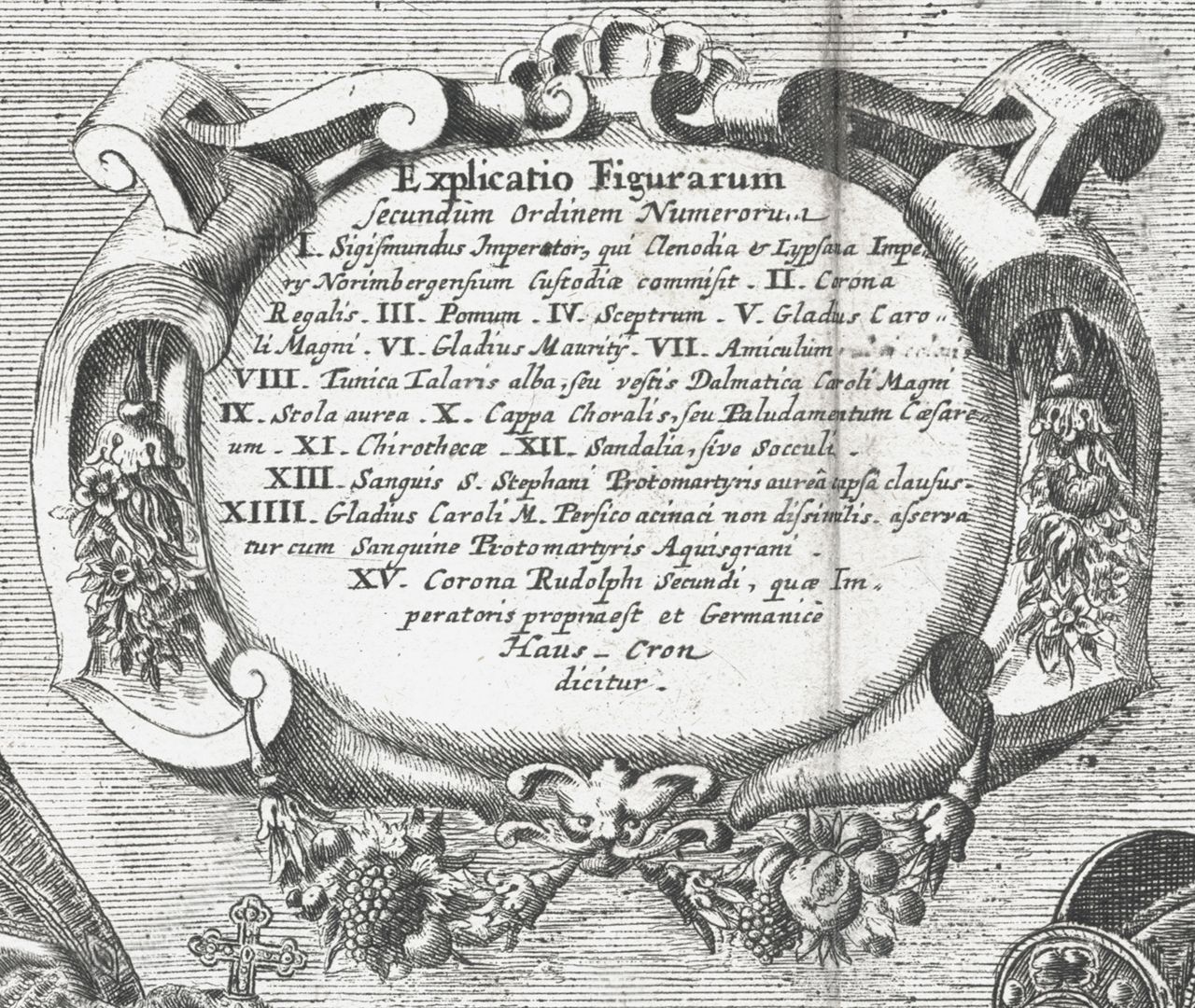 Abbildung des kaiserlichen Ornats, und anderer Kleinodien, welche zu Nünberg verwahret werden. Kartusche mit Inschrift
