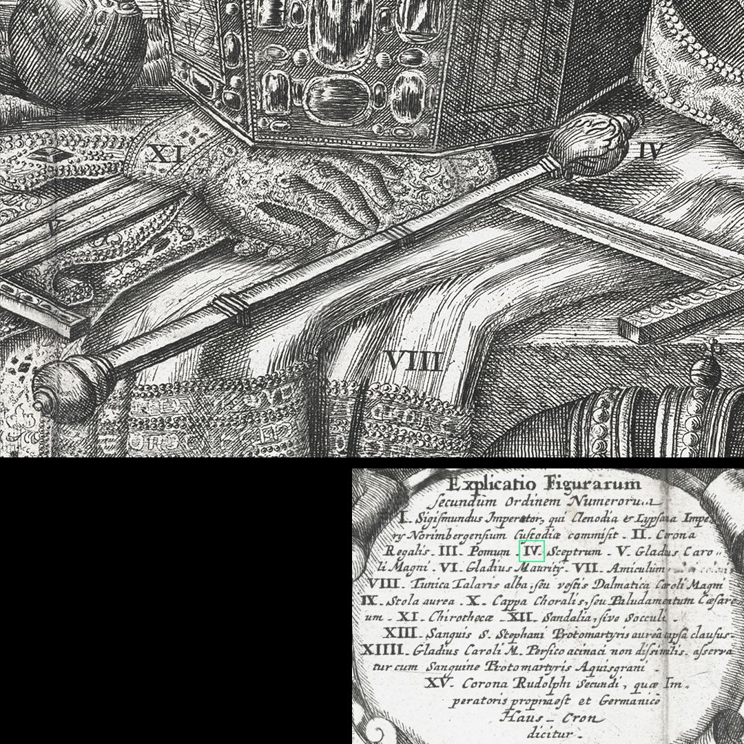 Abbildung des kaiserlichen Ornats, und anderer Kleinodien, welche zu Nünberg verwahret werden. IV / Der Reichscepter
