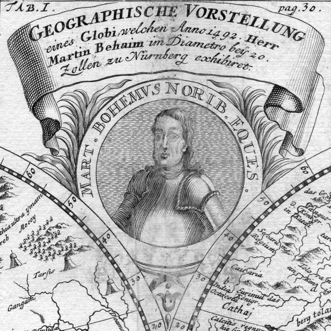 Landkarte und Inschriften auf dem Globus des Martin Behaim (noch ohne Amerika) Detailansicht / Geographische Vorstellung mit Brustbild des Martin Behaim