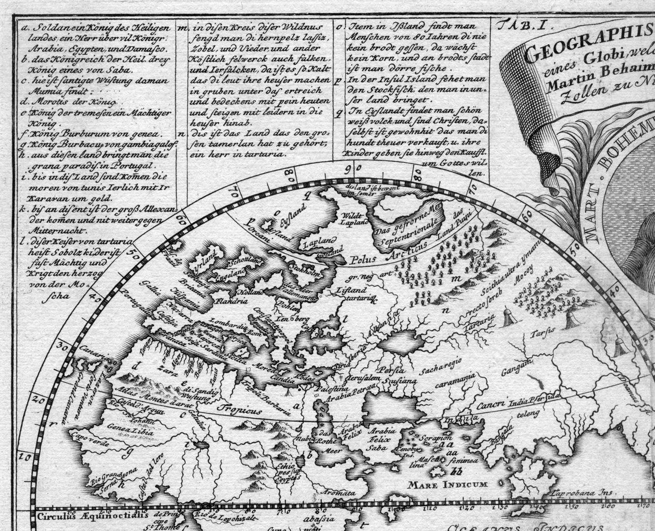 Landkarte und Inschriften auf dem Globus des Martin Behaim (noch ohne Amerika) linke Blatthälfte, Detailansicht