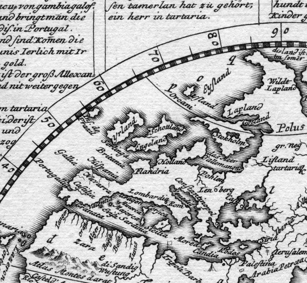 Landkarte und Inschriften auf dem Globus des Martin Behaim (noch ohne Amerika) linke Blatthälfte, Detailansicht